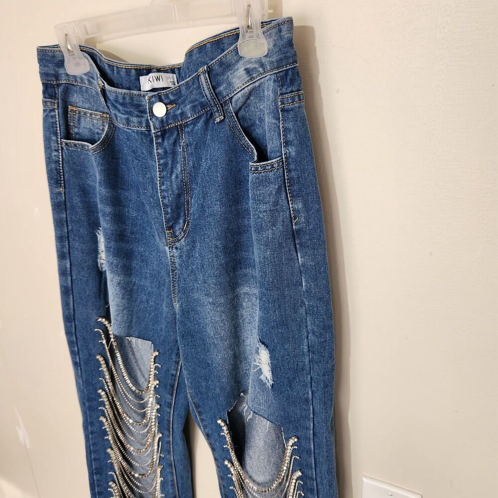 Kiwi Denim Jeans Size Large Blue Color Drop Rhinestones. - Picture 4 of 16